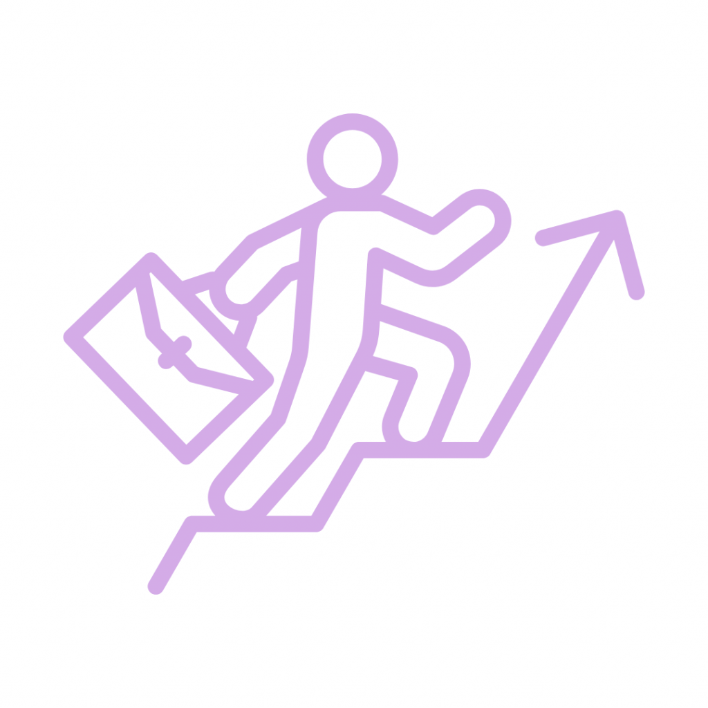 Light purple line art icon of a stick figure holding a briefcase, climbing an upward-pointing arrow graph.