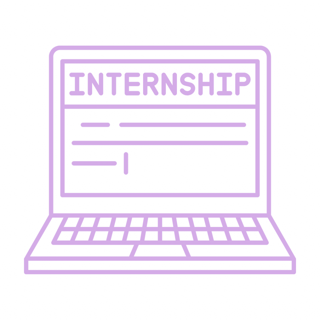 Light purple line art icon of a laptop with the word 'INTERNSHIP' displayed prominently on the screen, along with lines of text.