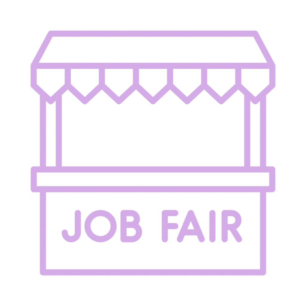 Stylized illustration of a job fair booth with a canopy and signage that reads 'JOB FAIR', drawn in light purple lines.
