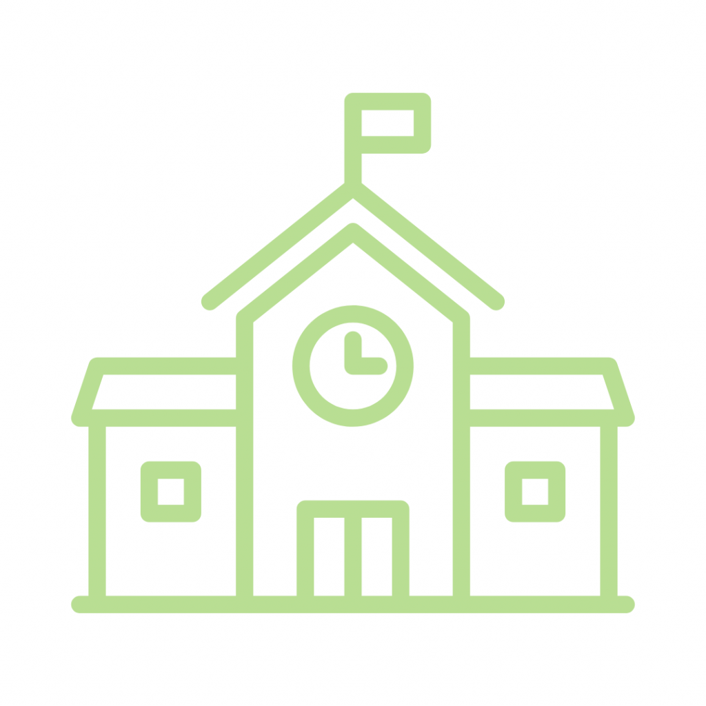 Green line art icon of a school building with a clock on the facade and a flag on the roof.