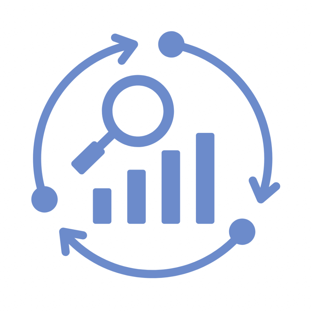 A light blue icon depicts a magnifying glass over a bar graph, encircled by a light blue arrow with four dots along its path, suggesting a continuous process of data analysis and improvement.