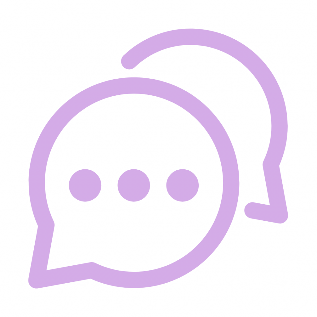 Lavender icon of two overlapping speech bubbles, one containing three dots.