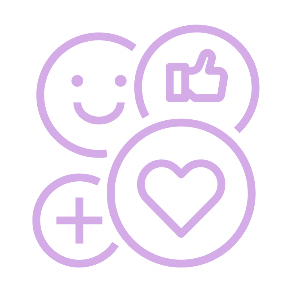 Four light purple outlined circles, each containing a different icon: a smiley face, a thumbs-up, a heart, and a plus sign.