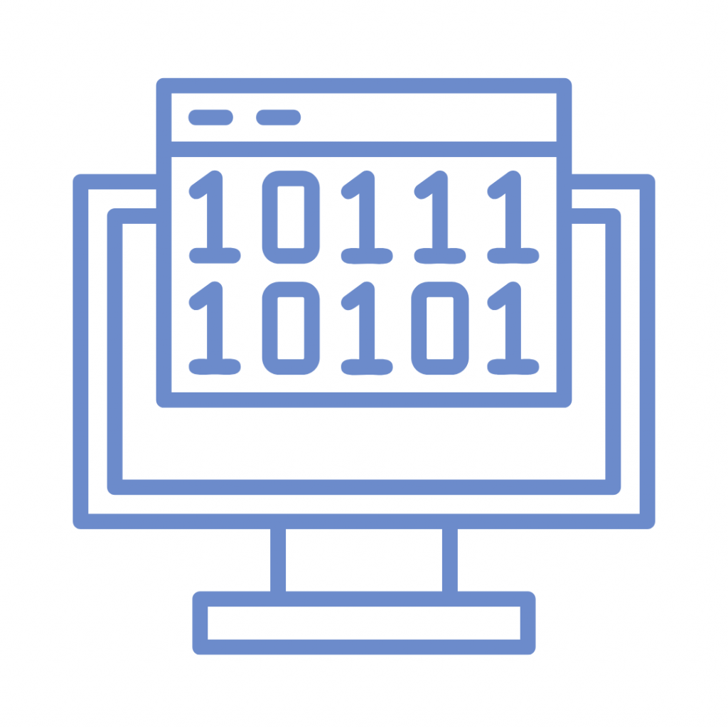 blue computer monitor displaying binary code.