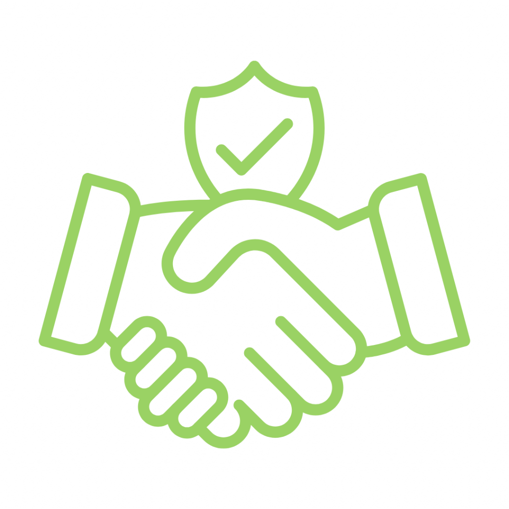 Green handshake under a green shield with a checkmark.