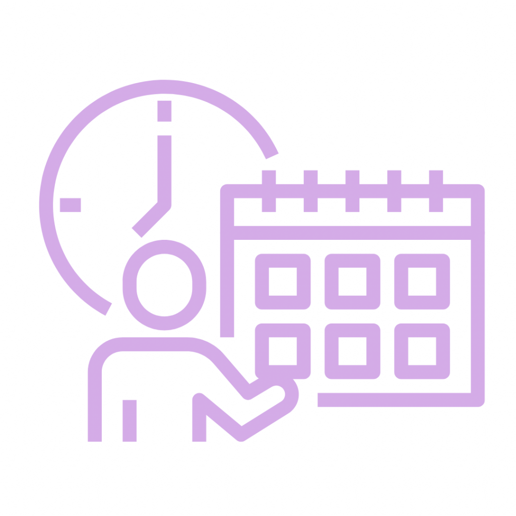Lavender person holding a calendar and a clock.
