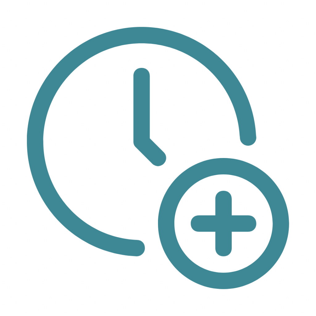 Teal clock with a plus sign in a circle overlapping the bottom right.
