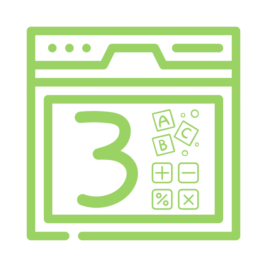 Green icon of a computer window displaying the number 3 and scattered letters and math symbols.