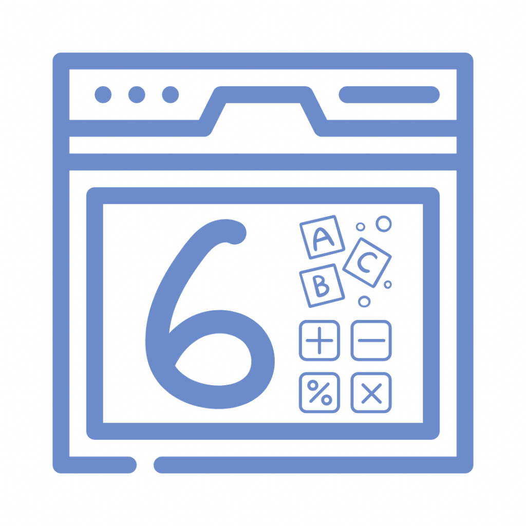 Blue icon of a computer window displaying the number 6 and scattered letters and math symbols.