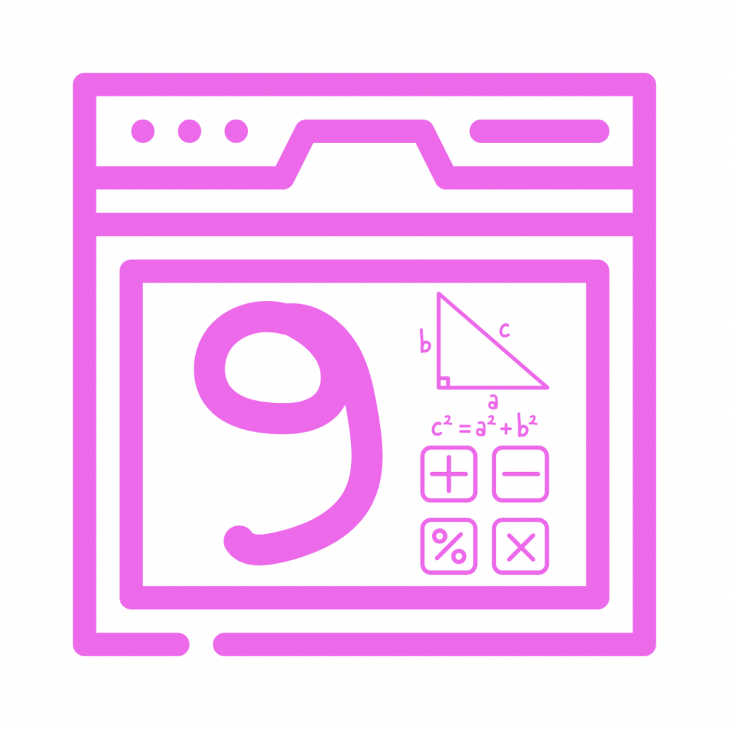 Pink illustration of a computer screen with the number nine, a triangle showing c2=a2+b2, and +/-/%x symbols.