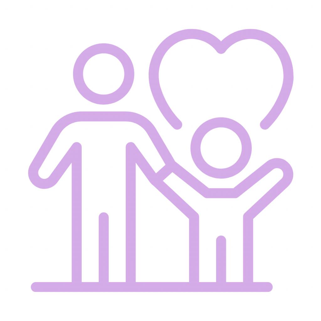 Lavender icon of an adult holding a child's hand with a heart above them.