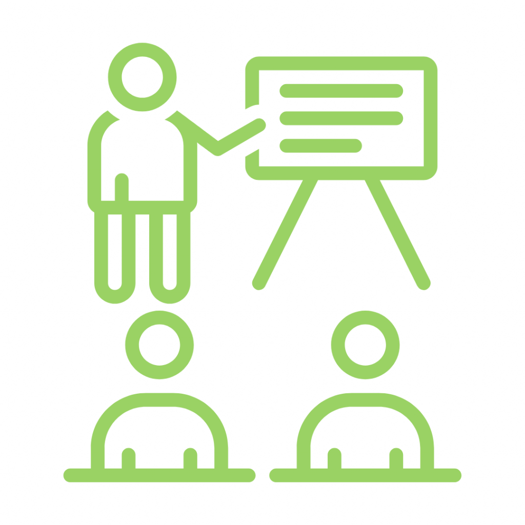 Green icon of a person presenting to two others.