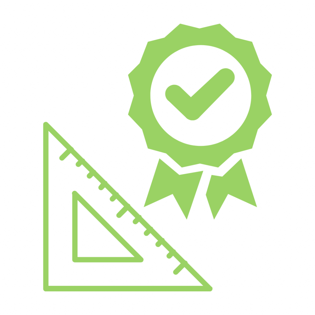 Green set square ruler next to a green quality badge with a checkmark.