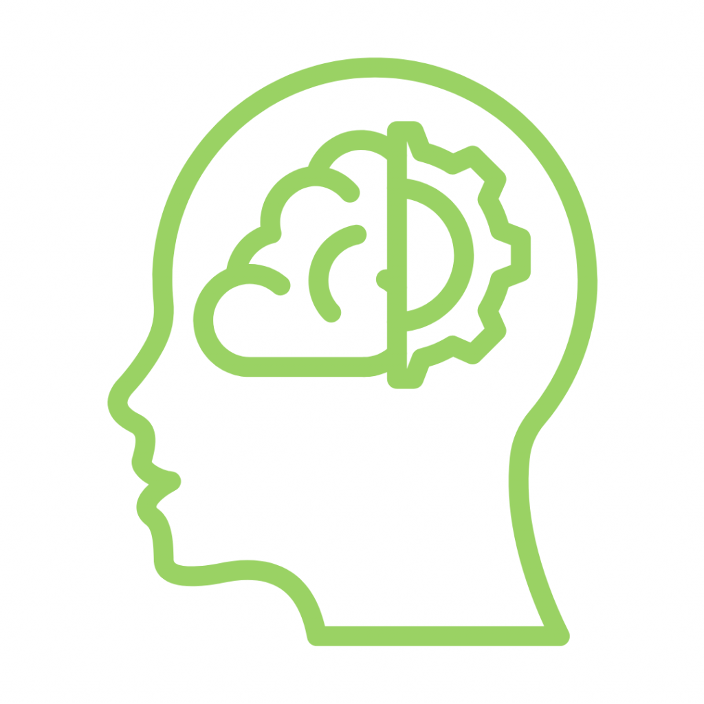 A bright green outline of a human head in profile faces left. Inside the head, the left side contains a stylized brain with swirling lines, while the right side features a mechanical gear, suggesting a balance or connection between creative thought and logical processing.