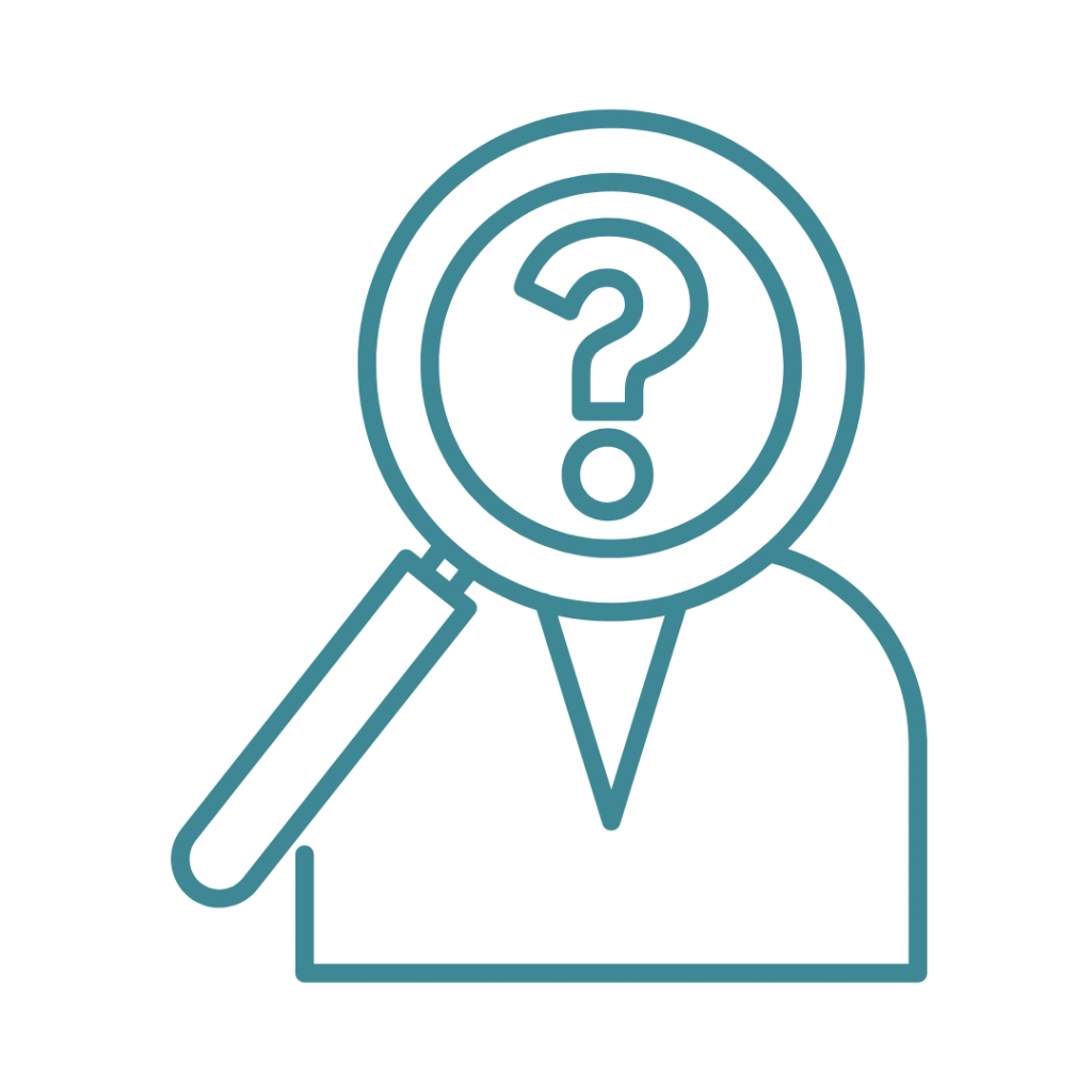 A teal outline icon depicts a person with a question mark in place of their head, which is magnified by a large magnifying glass held in front of it.