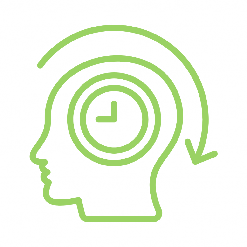 A bright green outline of a human head in profile faces left. Inside the head, there's a clock face with the hands pointing to roughly 8:40, enclosed by two concentric circles. A large, curving arrow arcs from the top left of the head, around the right side, and points back towards the lower right of the head, suggesting the passage of time or memory processing.