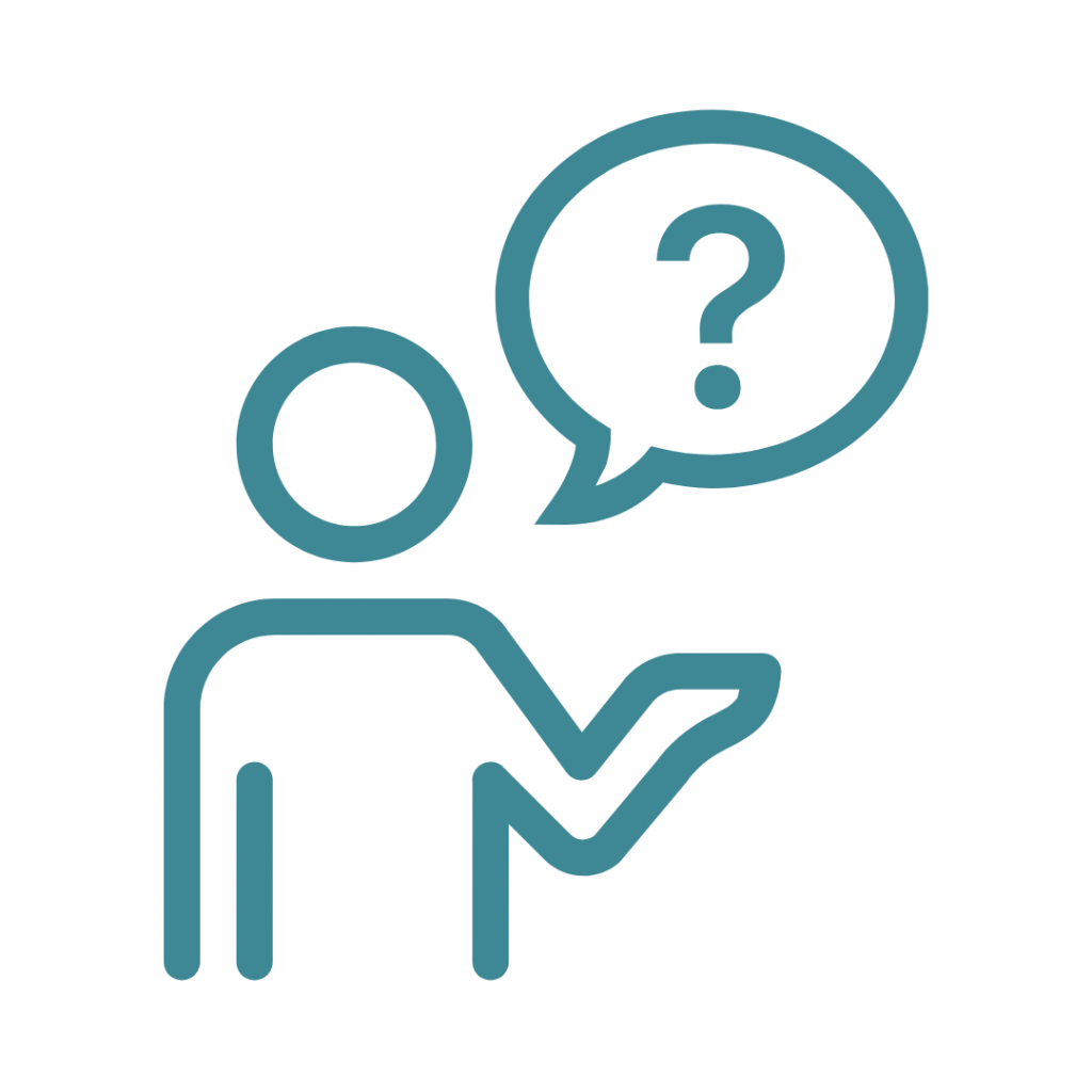 A teal outline icon features a stick figure person with one arm extended as if presenting or asking, and a speech bubble containing a question mark above their head.