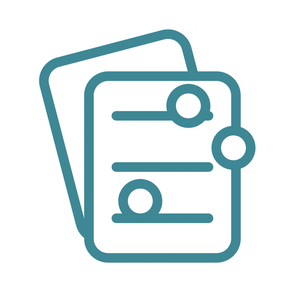 A teal outline icon depicts two overlapping documents. The front document has two lines of text or data, each with a toggle switch-like element on the right side.