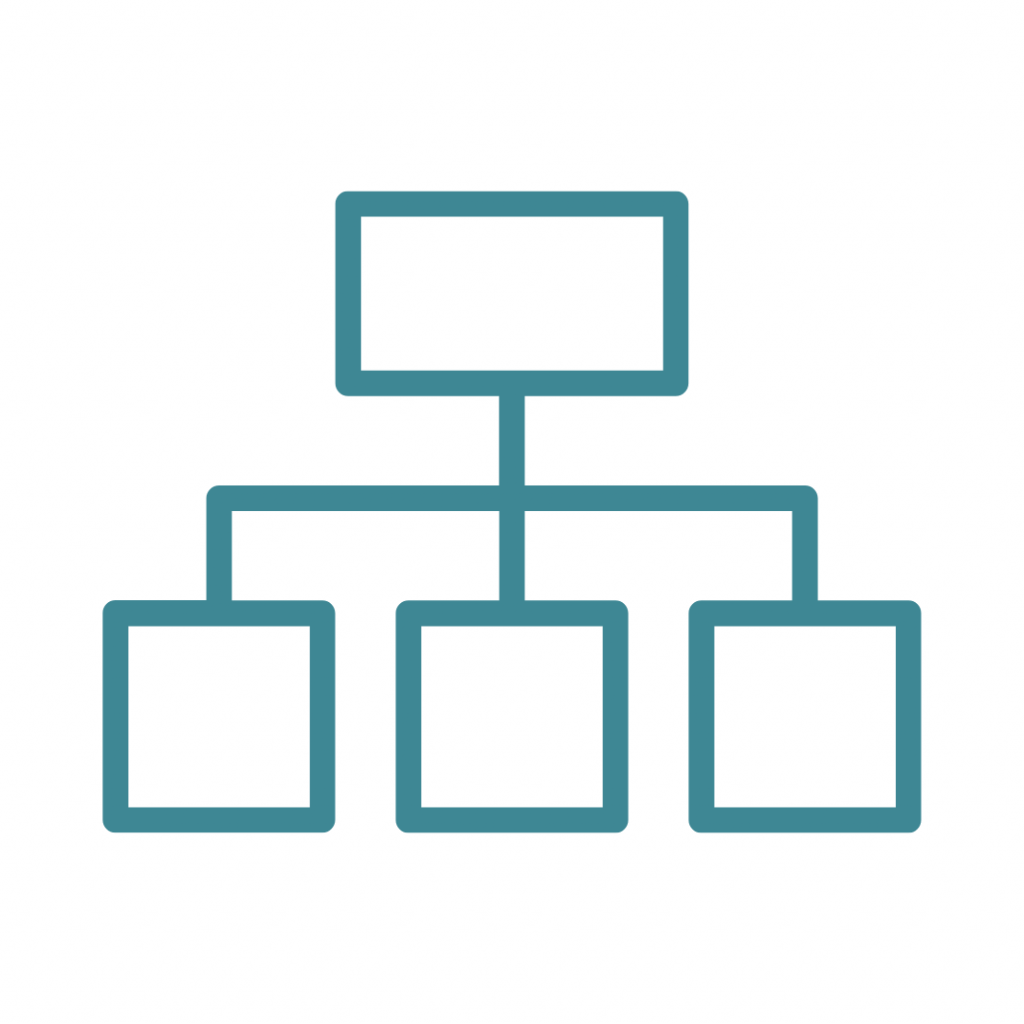 A teal outline icon of a simple organizational chart or hierarchy, with one rectangular box at the top connected by lines to three rectangular boxes below.