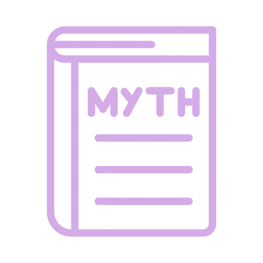 A simple lilac outline icon of a book with the word "MYTH" written in capital letters on its cover, followed by three horizontal lines suggesting more text.