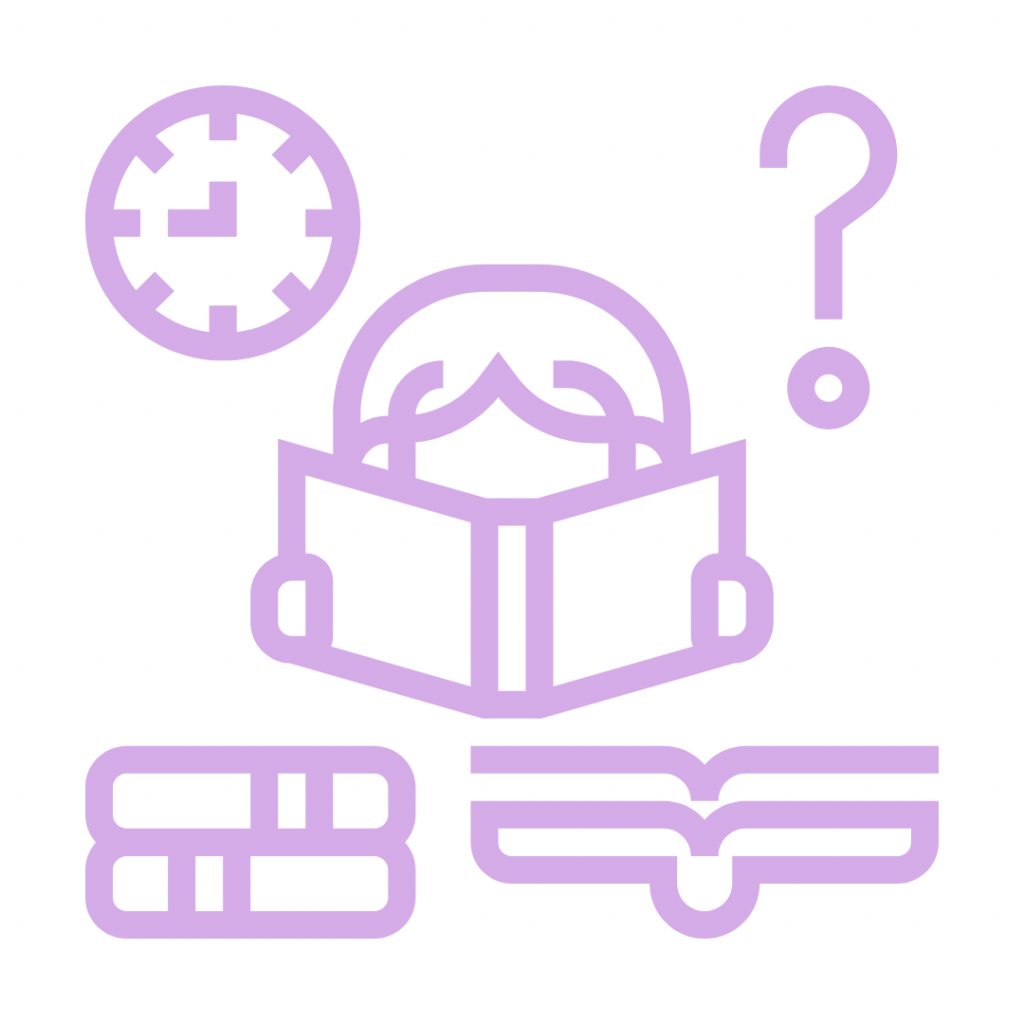A light purple outline icon representing learning and study. In the center, a stylized person is reading an open book. Above them, to the left, is a clock, and to the right, a question mark. Below the person, two stacks of books are on the left, and an open book is on the right.