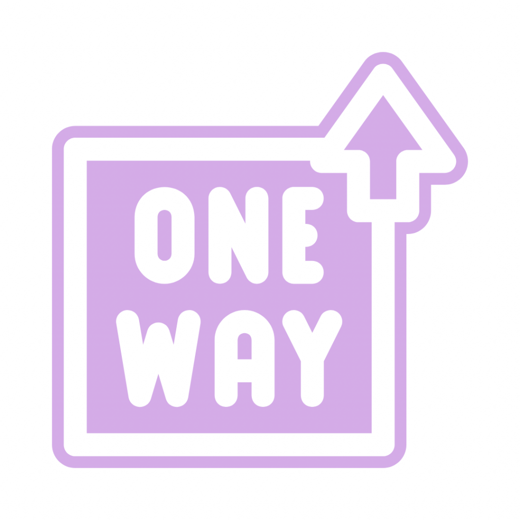 A light purple square sign with a thicker white border, and a white upward-pointing arrow extending from its top right corner. The words "ONE WAY" are printed in white, stacked on two lines, within the square.