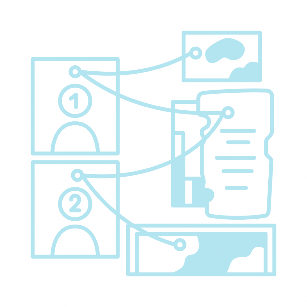 A light blue outline icon illustrating connections between two user profiles and various digital elements. On the left, two profile icons are stacked, labeled "1" and "2". Each profile is connected by lines to different items on the right: the first profile connects to a cloud-like shape and a document with lines of text, while the second profile connects to the document and another cloud-like shape at the bottom.