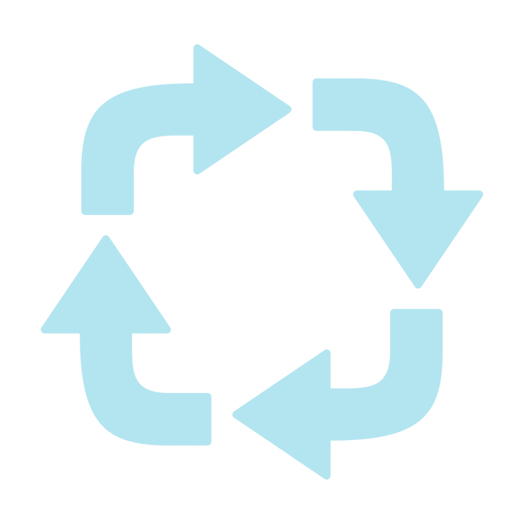A light blue icon of four bold, curved arrows forming a complete circle in a clockwise direction, symbolizing repetition, recycling, or a continuous cycle.
