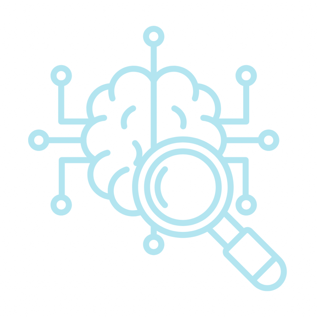 A light blue outline icon of a brain with circuit-like connections extending from it, and a magnifying glass placed in front of the brain, suggesting artificial intelligence, data analysis, or brain research.