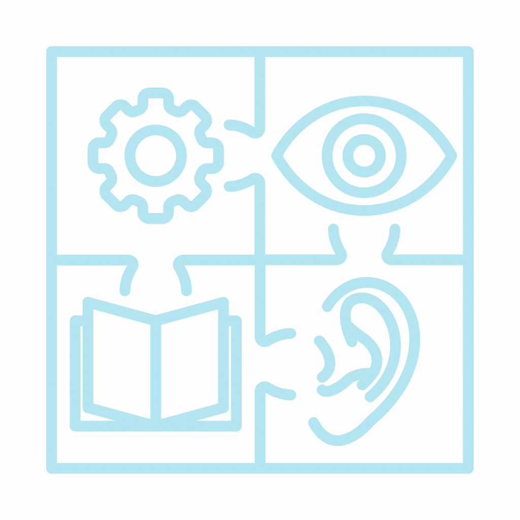 A light blue outline icon depicting four interconnected puzzle pieces, forming a square. Each piece contains a different symbol: a gear in the top left, an eye in the top right, an ear in the bottom right, and an open book in the bottom left, representing various aspects of learning or interactive processes.