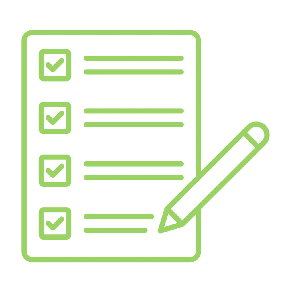 A bright green outline icon of a clipboard or document with four lines of text, each accompanied by a square checkbox containing a checkmark. A pencil rests diagonally across the bottom right of the document, poised to write or mark.