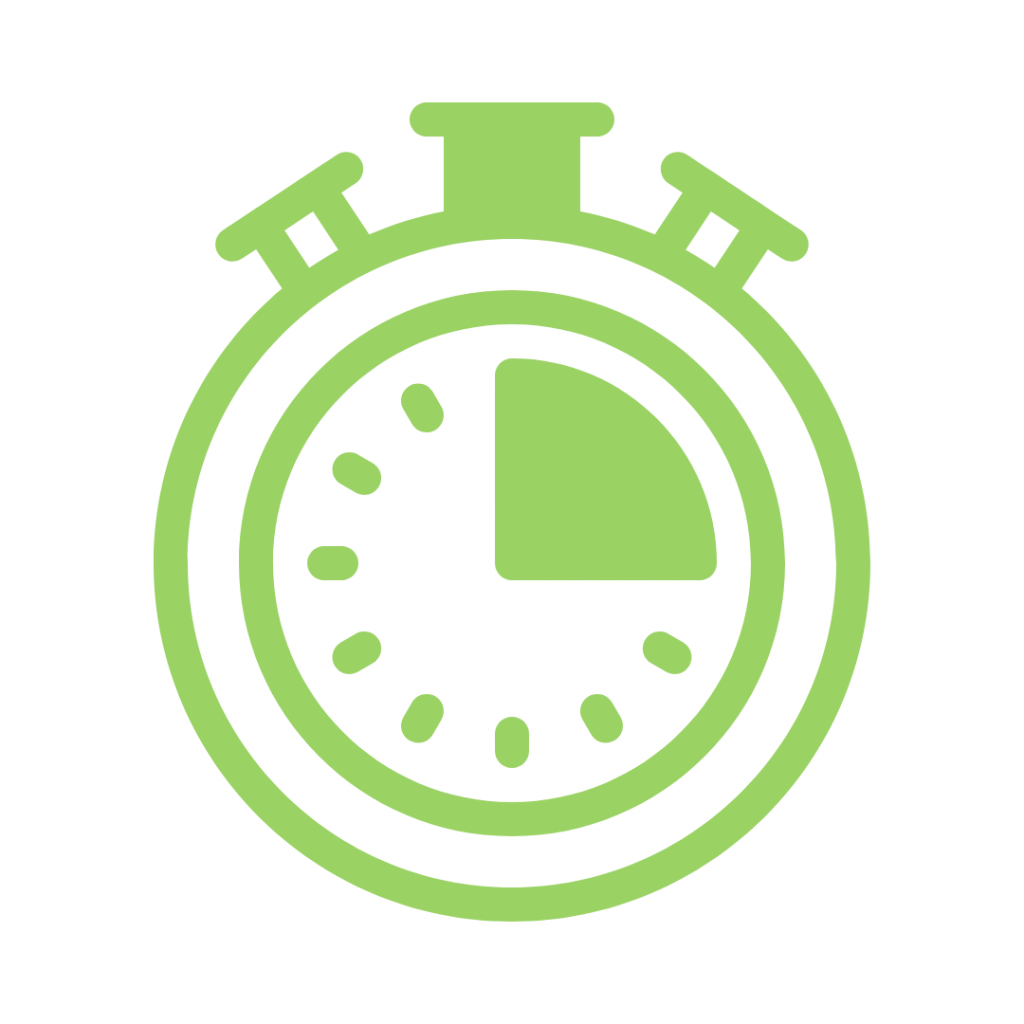 A green icon of a stopwatch. The stopwatch face has a solid black quarter-circle indicating a duration of 15 minutes, with small dashes marking the remaining three-quarters of the circle.