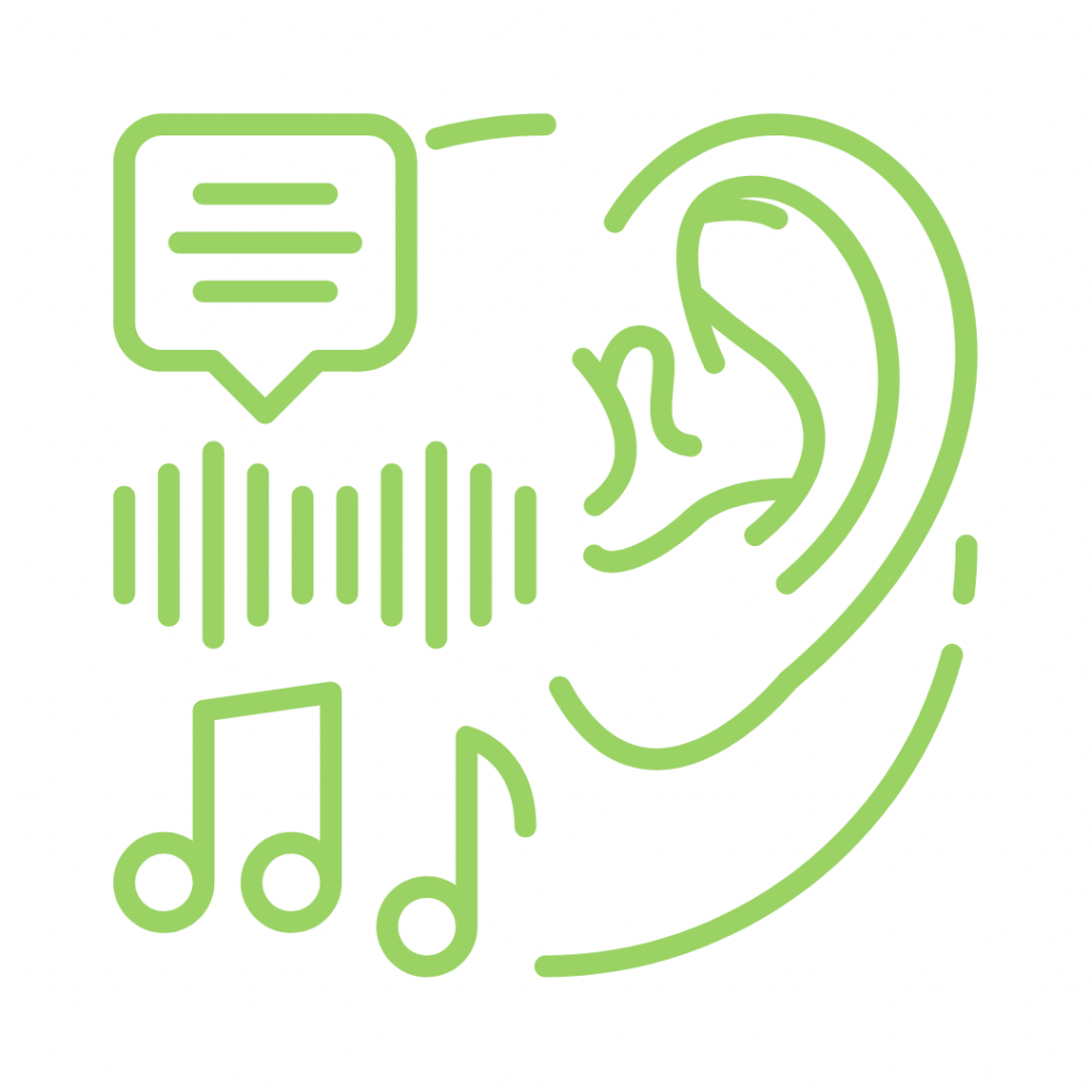 A vibrant lime green outline icon depicts an ear on the right, with sound waves emanating towards it from the left. Below the sound waves are two musical notes. Above the sound waves, a speech bubble contains three horizontal lines, representing speech or communication.