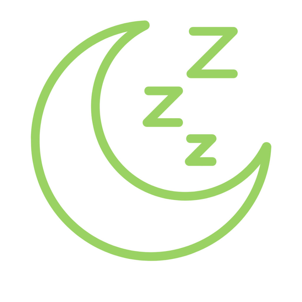 A simple lime green outline icon of a crescent moon, with three "Z"s floating above it, signifying sleep or nighttime.