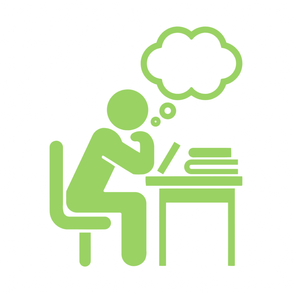 A lime green icon depicts a simplified person sitting at a desk, leaning on one hand with an pensive expression, with a thought bubble above their head. On the desk, there is a piece of paper or tablet and a stack of two books.