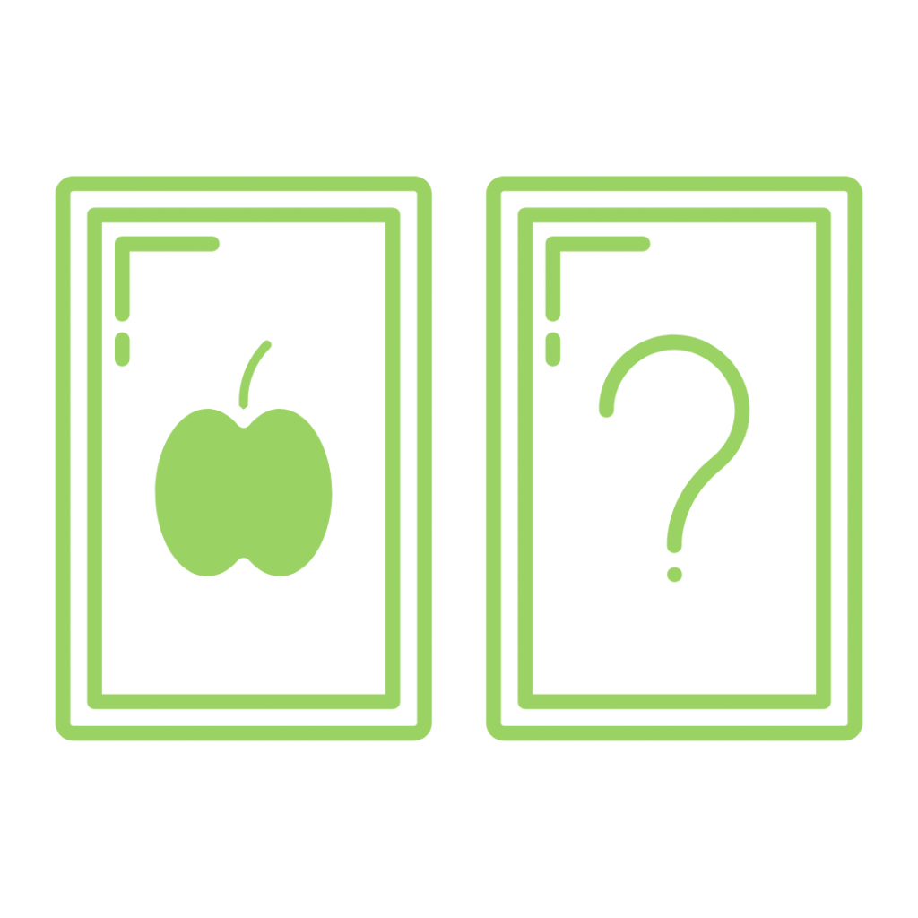 A lime green outline icon displays two rectangular cards side-by-side. The left card features a solid lime green apple, while the right card contains a lime green question mark.
