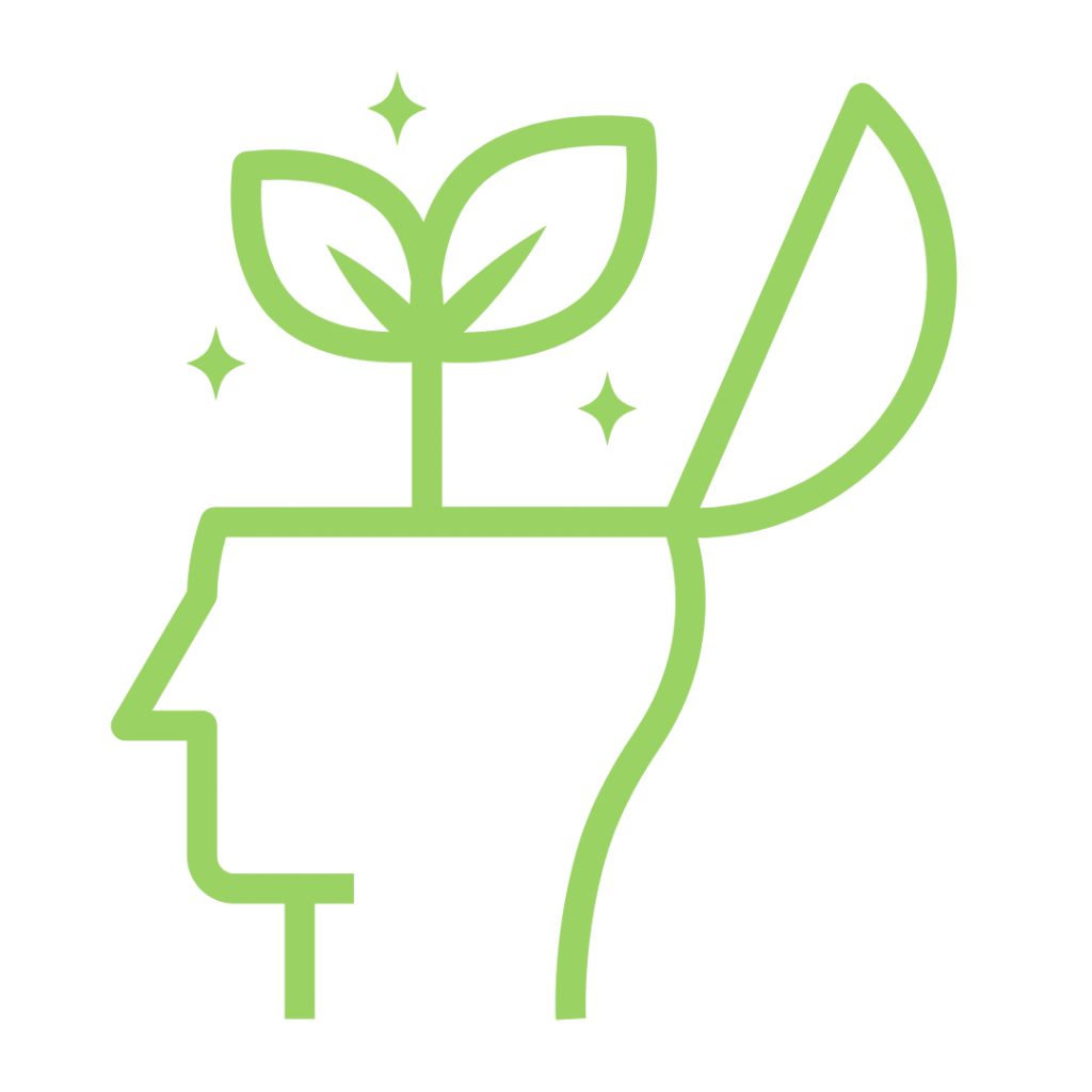 A vibrant lime green outline icon depicts a human head in profile with the top of its skull open, from which a plant with two leaves is growing. Three small starbursts are visible around the leaves, suggesting growth, new ideas, or enlightenment.