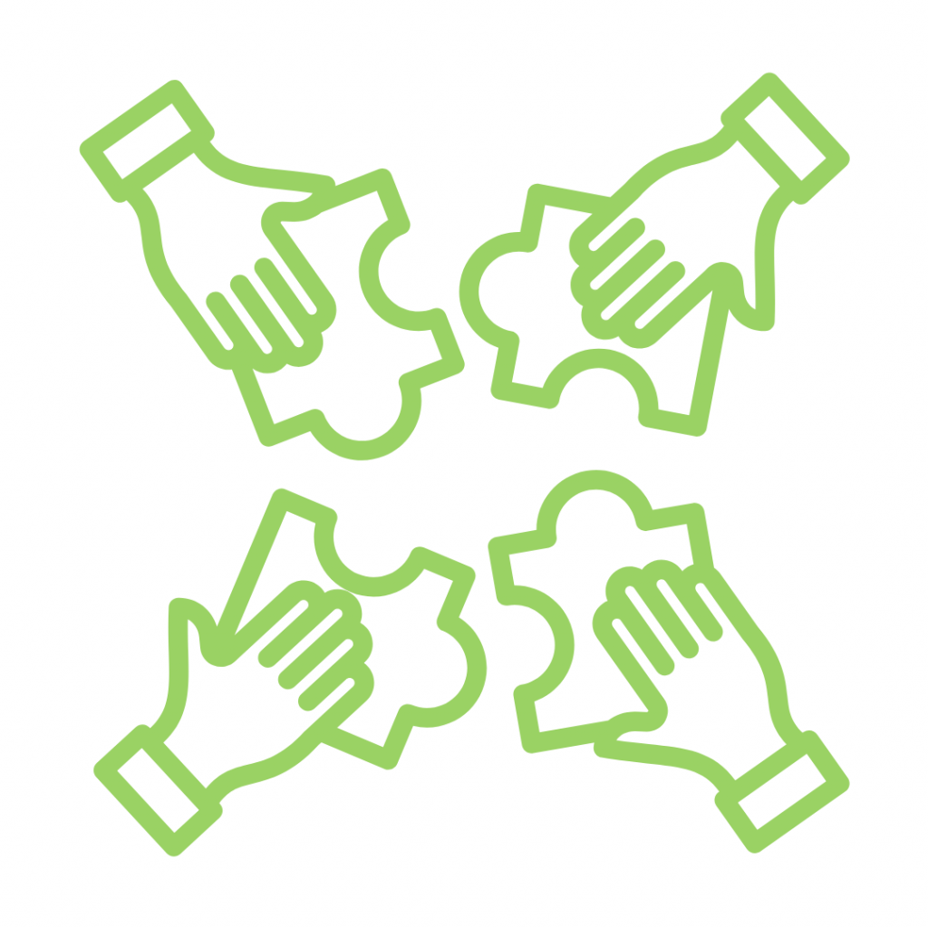 A light green outline icon depicts four hands, each holding a puzzle piece, coming together to connect them. Two hands are at the top, and two are at the bottom, facing each other, symbolizing teamwork or collaboration.