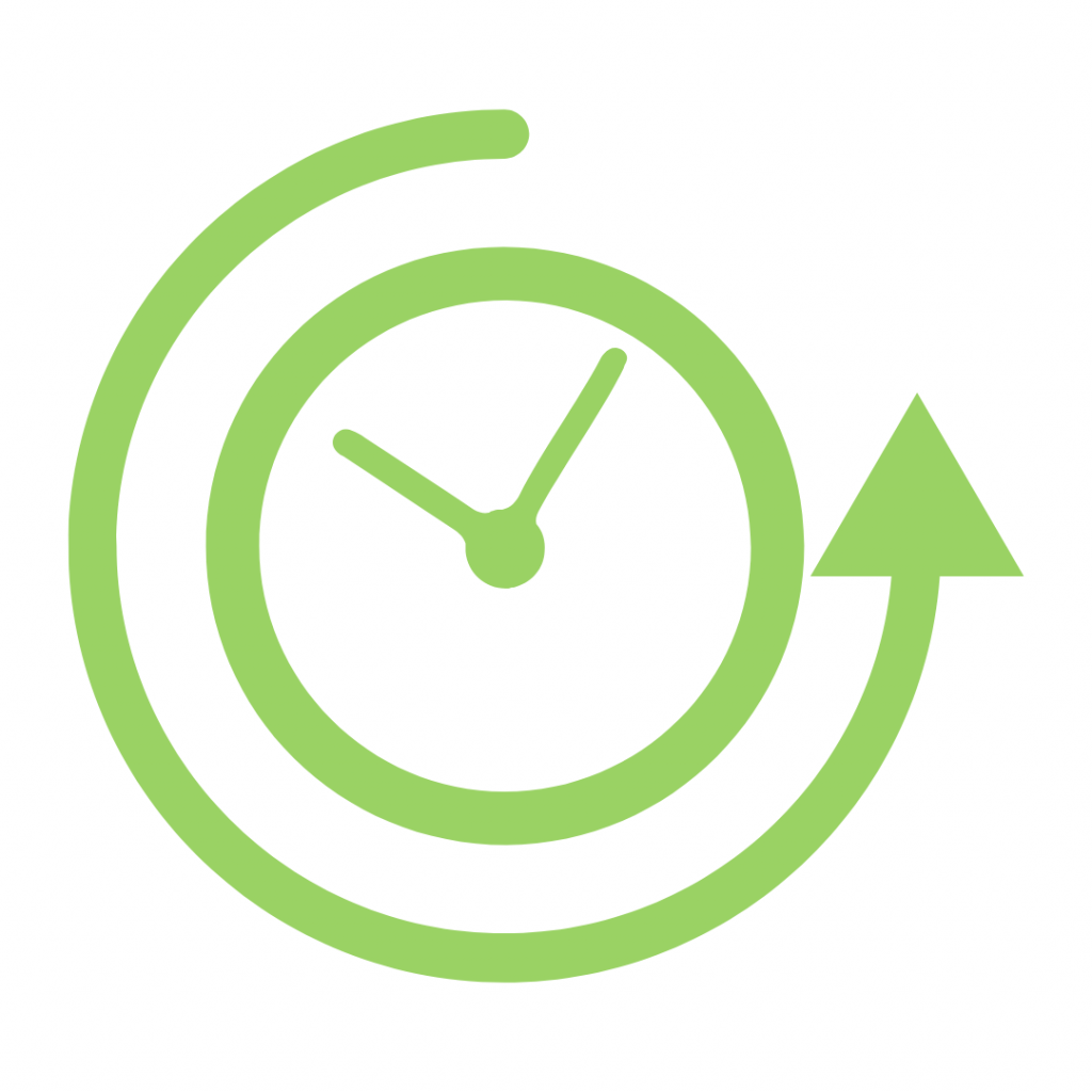A bright green icon depicting a clock face with hands pointing to approximately 10:10, encircled by a thick, curved arrow pointing clockwise.