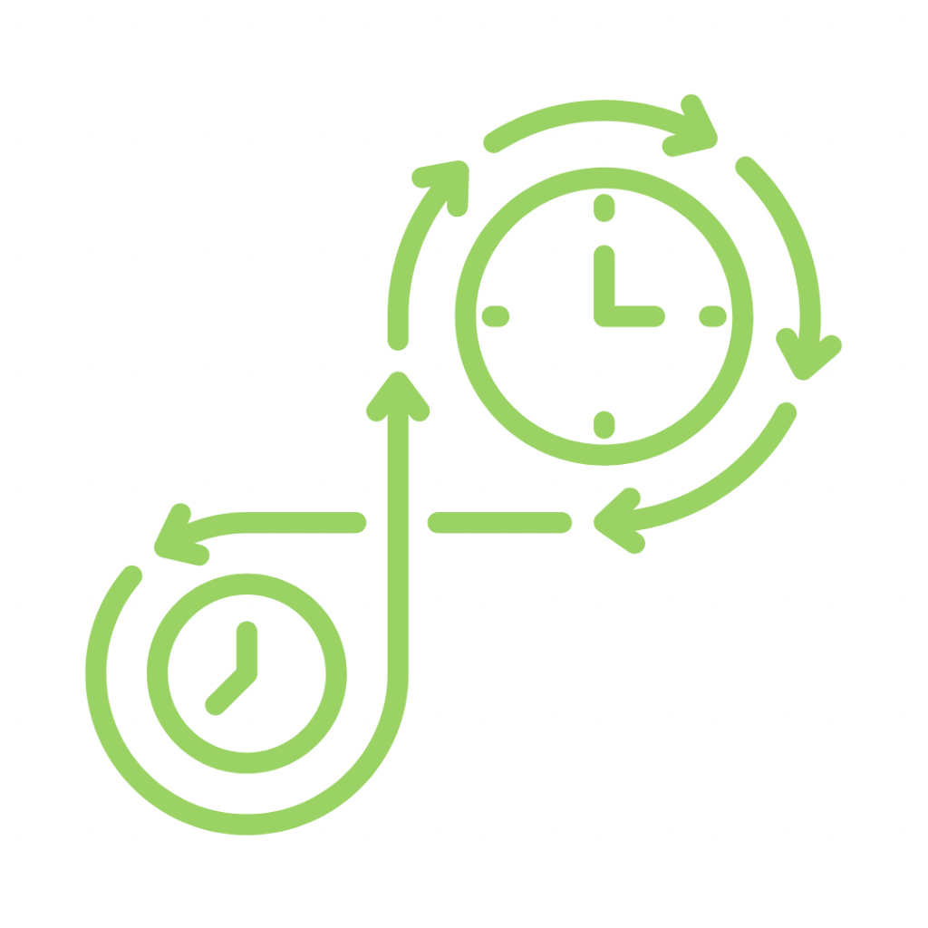 A lime green icon featuring two clocks connected by a curved arrow. The smaller clock on the bottom left has a single hand, while the larger clock on the top right shows two hands and is encircled by a continuous loop of arrows, suggesting an ongoing or cyclical process of time.