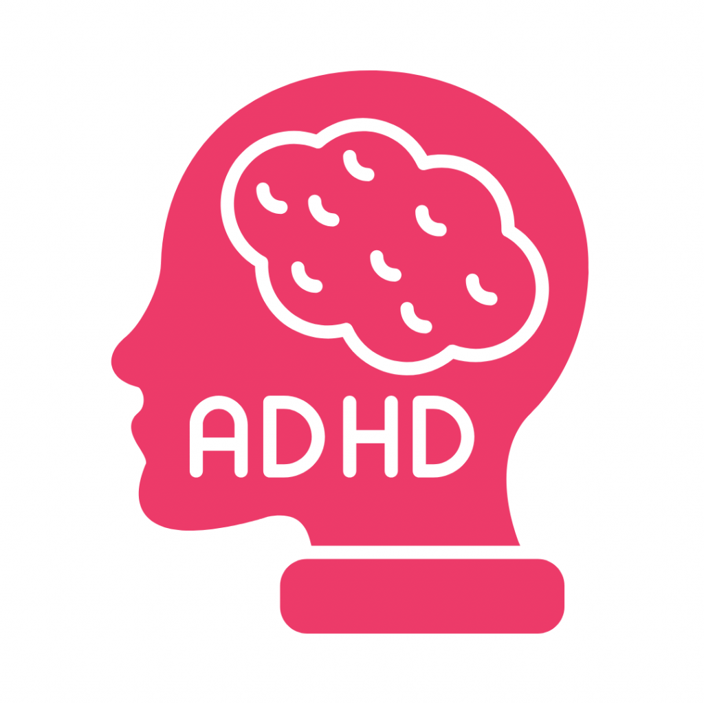 A hot pink silhouette of a human head in profile, facing left. Inside the head, a white outline of a cloud-like brain is positioned at the top, while the white text "ADHD" is prominently displayed below it.
