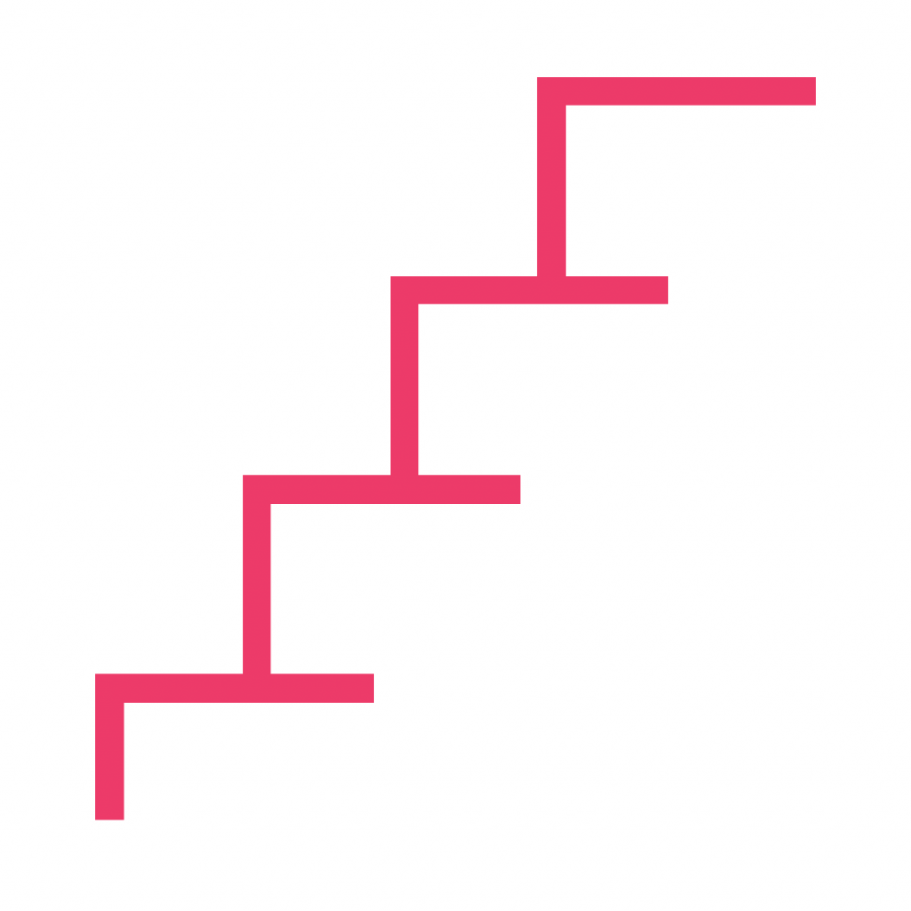 A bold, hot pink outline of a staircase with four steps, rising from the lower left to the upper right.