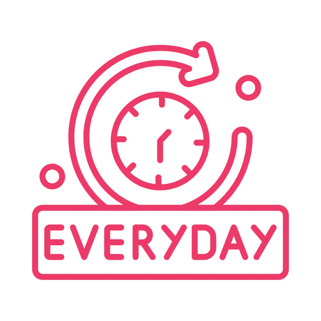 A hot pink icon features a clock face with hands pointing to approximately 3:45, partially encircled by a curved arrow, with two small circles on either side. Below this, a solid rectangle contains the word "EVERYDAY" in capital letters.