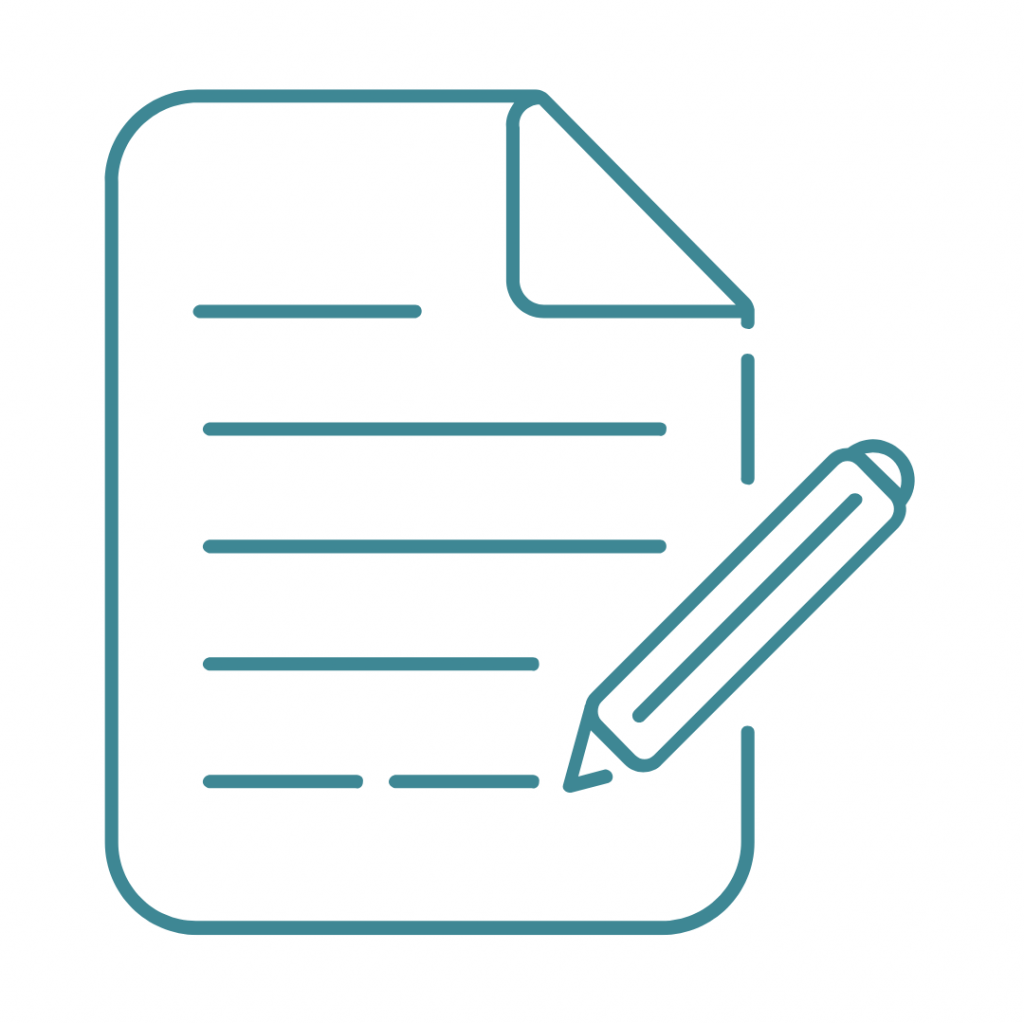 Teal icon representing writing, editing, or creating a document.