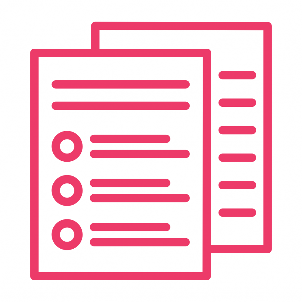 Pink icon of two documents, one with circles next to lines, the other with just lines.
