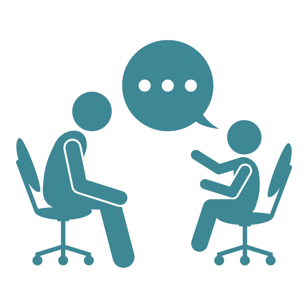 Teal icon of two figures sitting in chairs facing each other, with a speech bubble containing three dots above one figure.