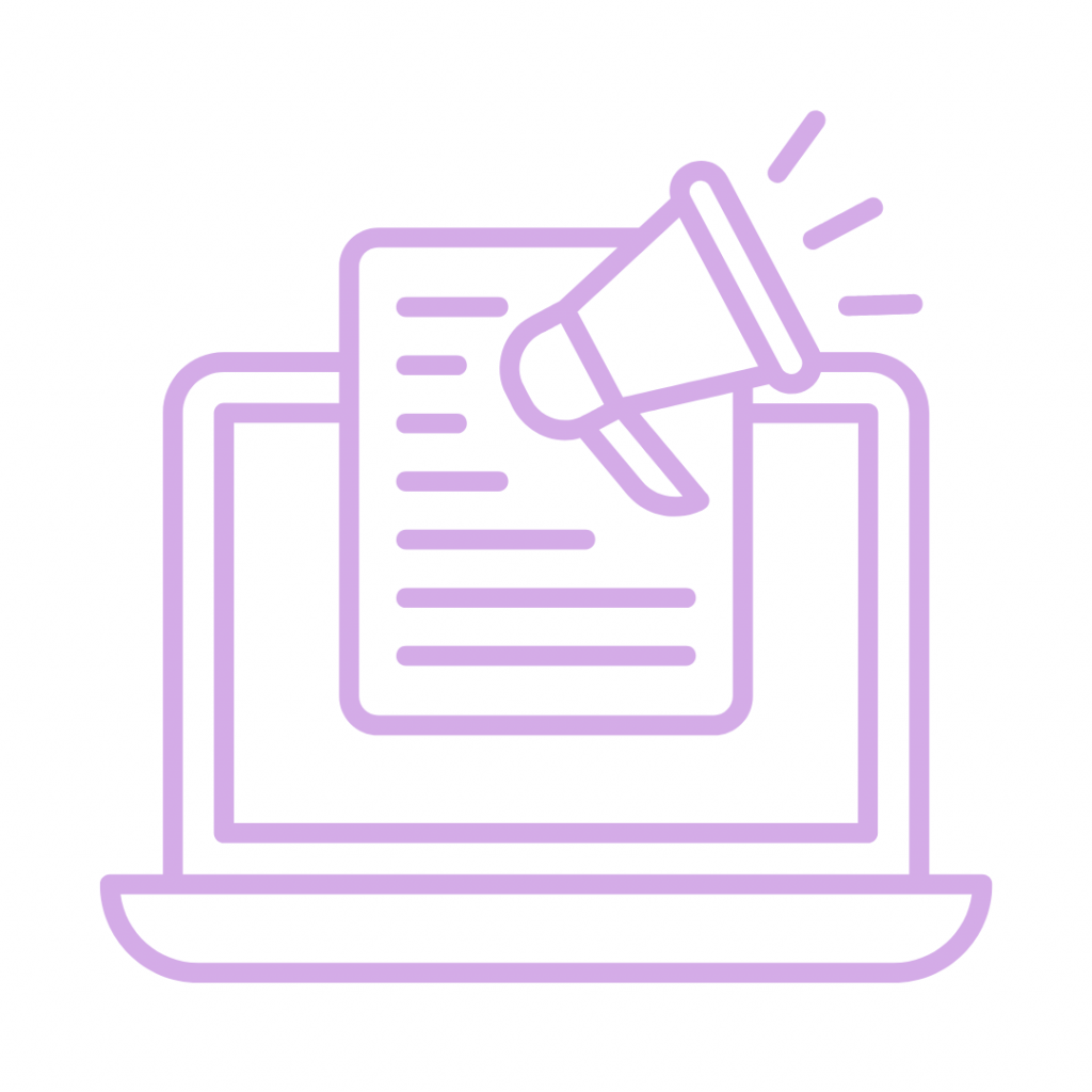 Lavender icon of a laptop with a document and a megaphone on the screen.