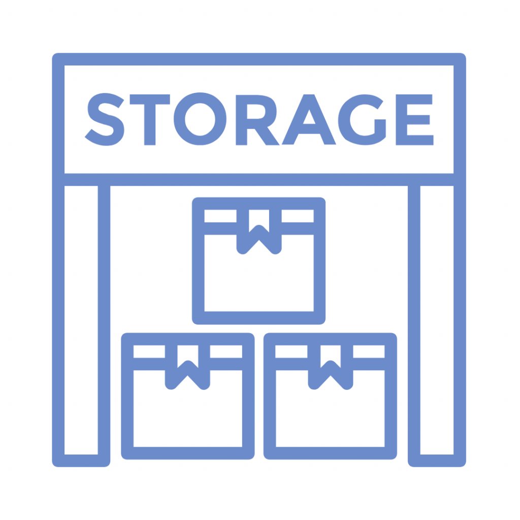 blue icon of a storage unit with stacked boxes and the word "STORAGE" above.