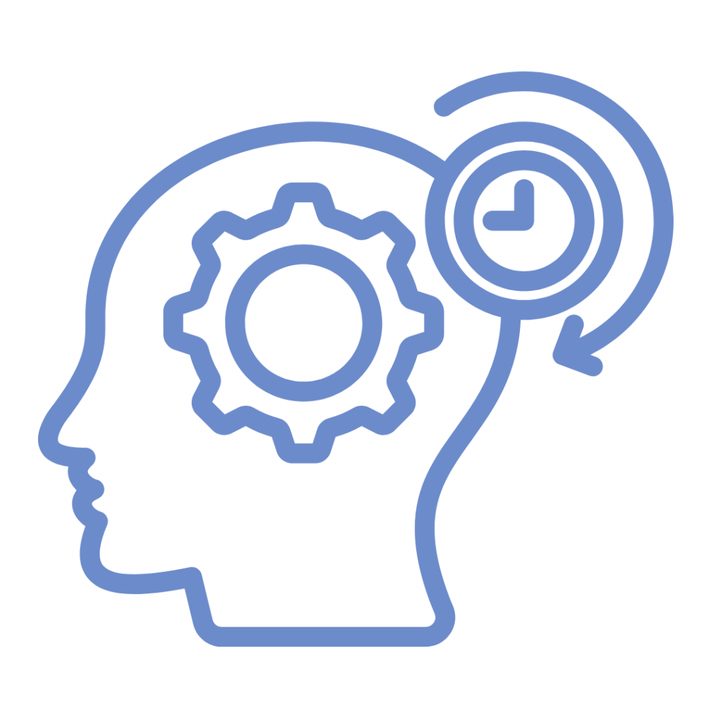 Blue head in profile with a gear inside, and a clock with a circular arrow around it.