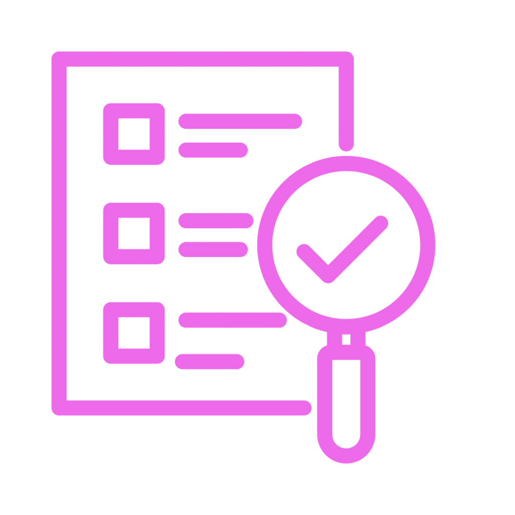 Pink checklist with boxes and lines, and a magnifying glass with a checkmark over it.